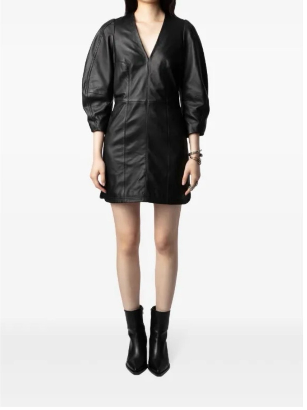 676. Zadig & Voltaire Black Leather V‑Neck Long Sleeve Coat Dress